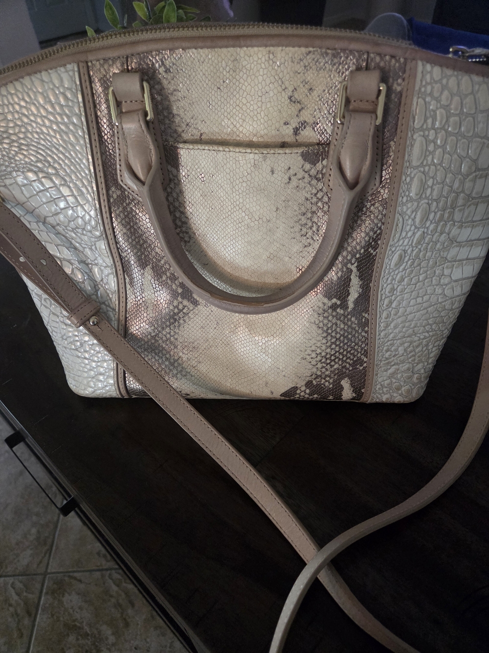 Brahmin Taupe and Cream Snake-Texture Crossbody Satchel/Crossbody - Picture 2 of 16